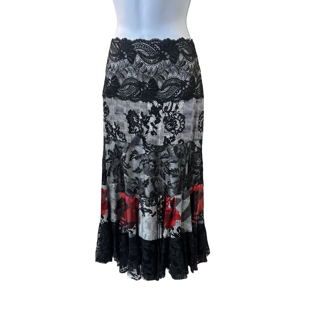 Sagaie Silk Lace Midi Skirt Black Floral Plaid Tiered Boho Made France Sz 2 S